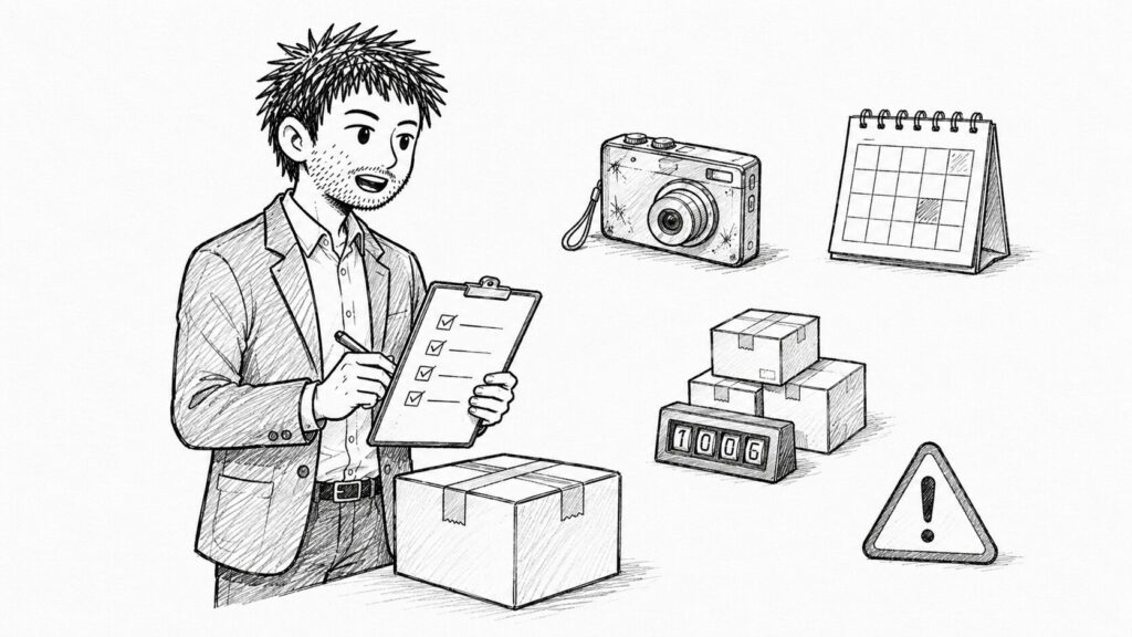 仕入れ前に状態や季節性、リミットなどを最終確認する様子のイラスト