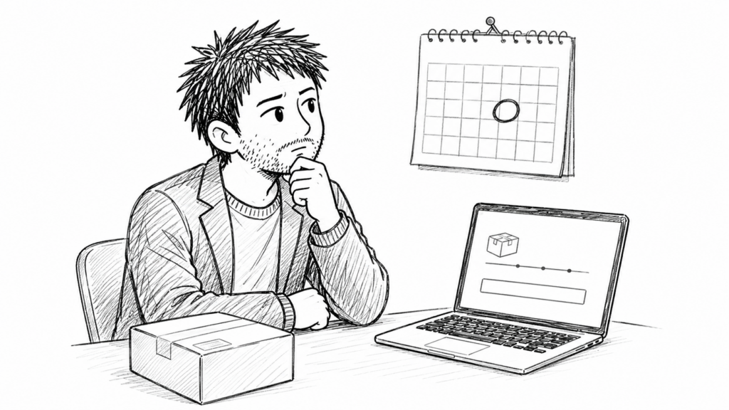 ebayの追跡なしの荷物を前に、到着予定日をカレンダーで確認する男性のイラスト