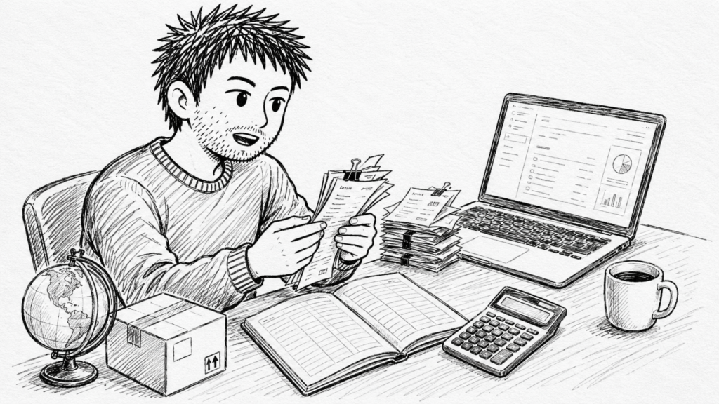 ebayの経費を、領収書とノートパソコン、電卓を使って集計する男性のイラスト