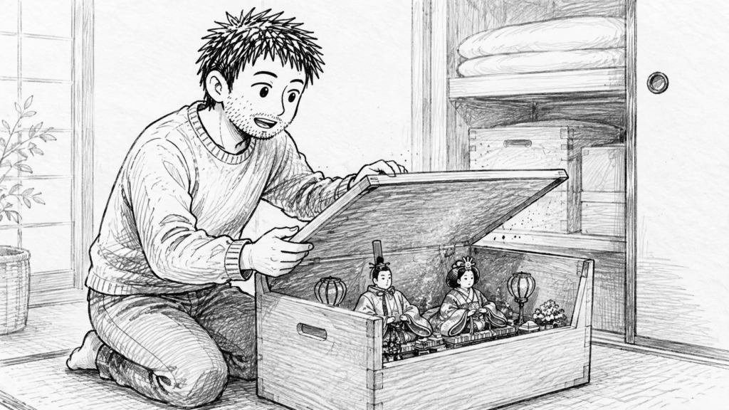 押し入れの木箱から、ebayに出品する雛人形を取り出す男性のイラスト