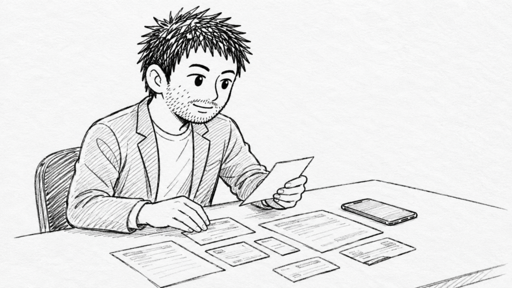 ebayの本人確認で使う書類を机に並べて選ぶ男性のイラスト