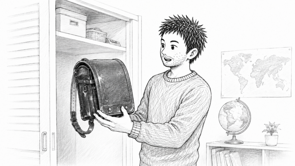 押し入れから6年使ったランドセルを取り出し、ebayでの出品を検討する男性のイラスト