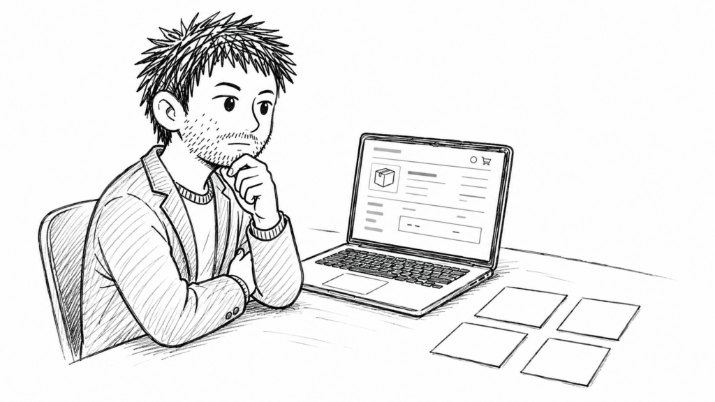 追跡なしに見える4つのパターンを、ノートパソコンの前で切り分ける様子のイラスト