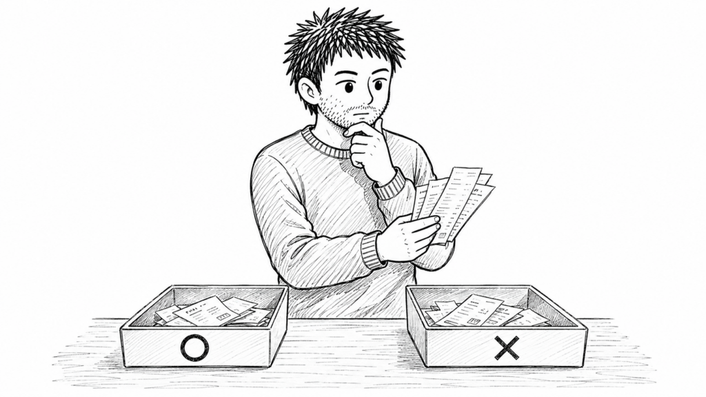 経費になる領収書とならない領収書を、○と×のトレイに仕分ける様子のイラスト