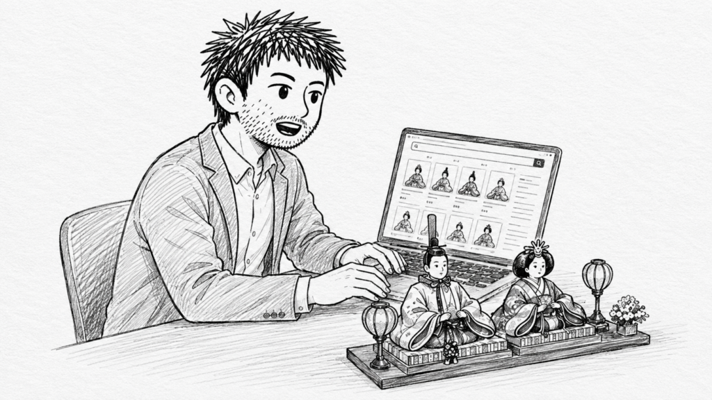 雛人形の段飾りを並べ、ノートパソコンで海外向けの出品準備をする様子のイラスト
