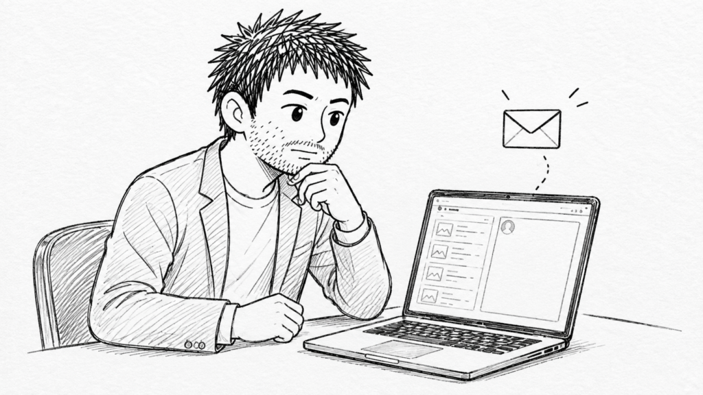 購入するだけの人にも書類提出が必要かをノートパソコンで調べる様子のイラスト
