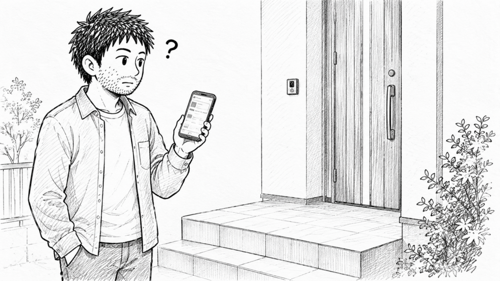 追跡が配達済みなのに玄関に荷物がなく、スマートフォンで確認する様子のイラスト