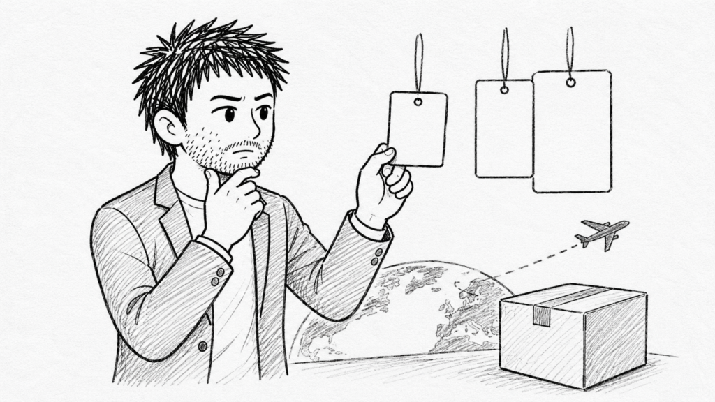 配送サービス名の表示を確認し、発送元がどこかを見分ける様子のイラスト