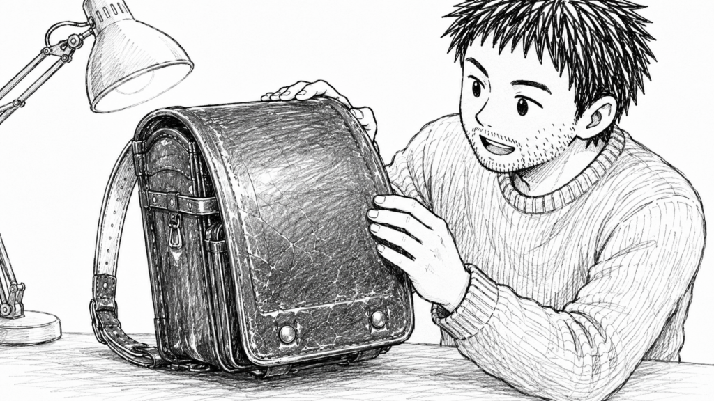 デスクライトの下で、使い込まれた中古ランドセルの状態を見る様子のイラスト