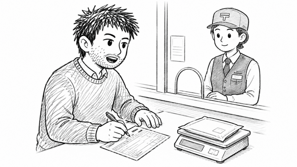 郵便局の窓口で小形包装物を差し出し、重さを量ってもらう様子のイラスト