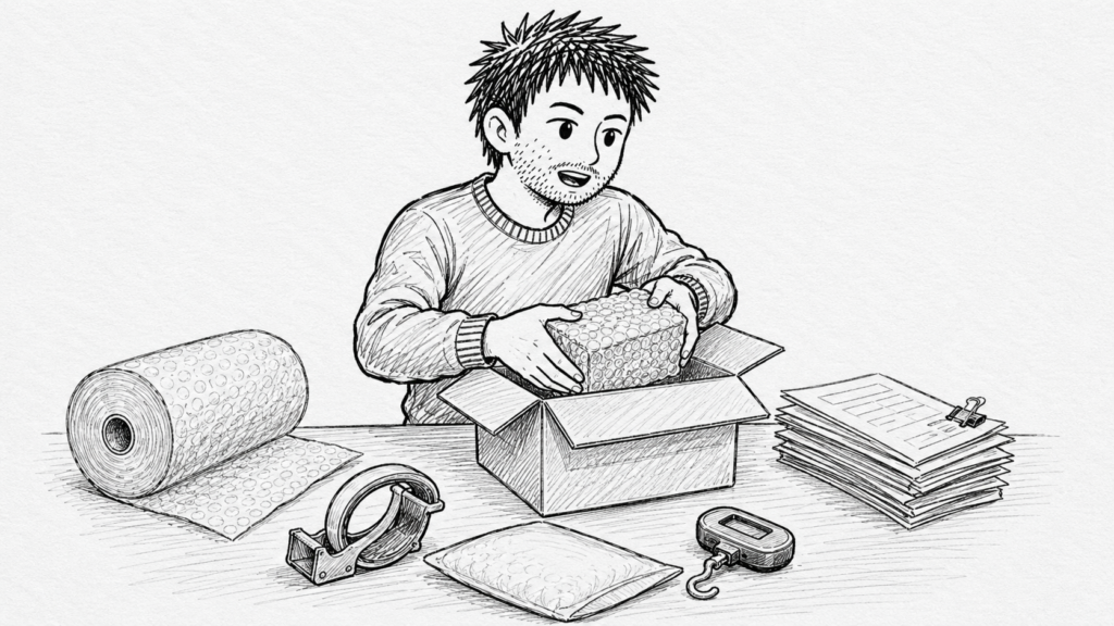 梱包材や送料をどの勘定科目で処理するか、資材を前に考える様子のイラスト