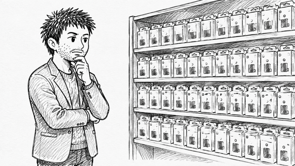 同じような無名ブランドの商品がぎっしり並ぶ棚を前に考え込む出品者のイラスト