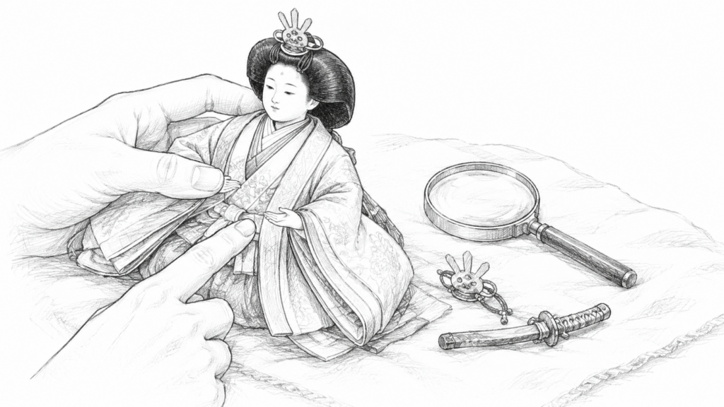 布の上に寝かせた雛人形の状態を、虫眼鏡と道具で確かめる様子のイラスト