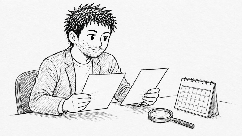 登録住所と書類の住所表記が一致しているか見比べて確認するイラスト