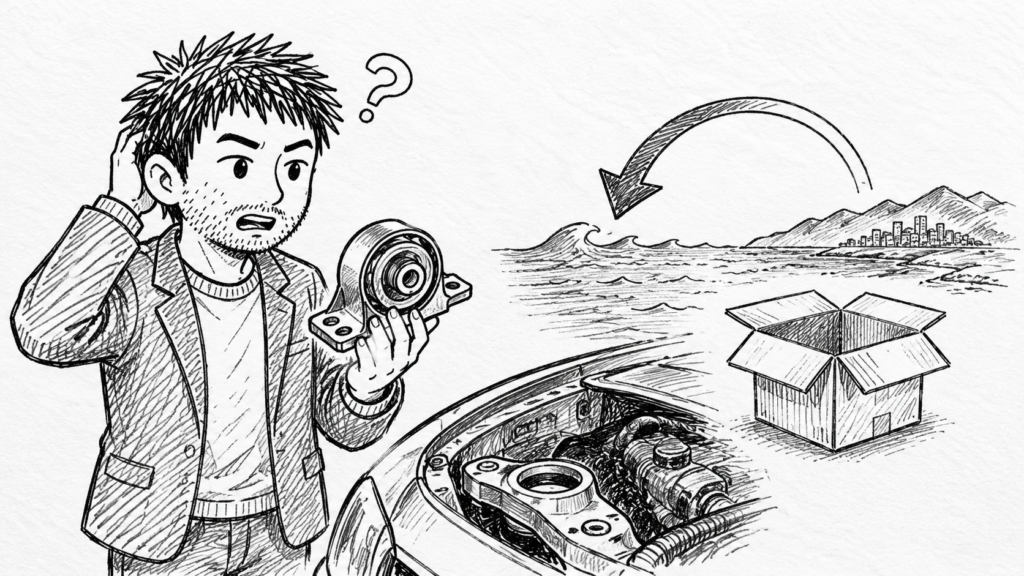 車パーツが自分の車に適合するかを確認し、海外から取り寄せる流れのイラスト