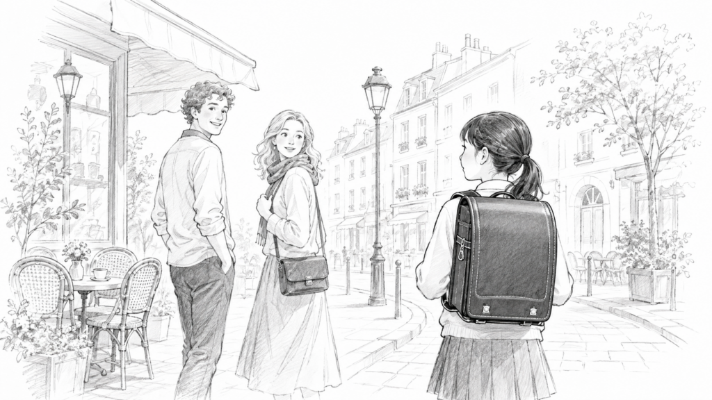 海外の街なかでランドセルが日常のかばんとして使われている様子のイラスト