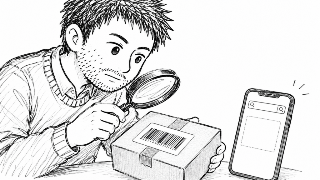 荷物のラベルの番号を虫眼鏡で確かめ、スマホの追跡画面と照合するイラスト