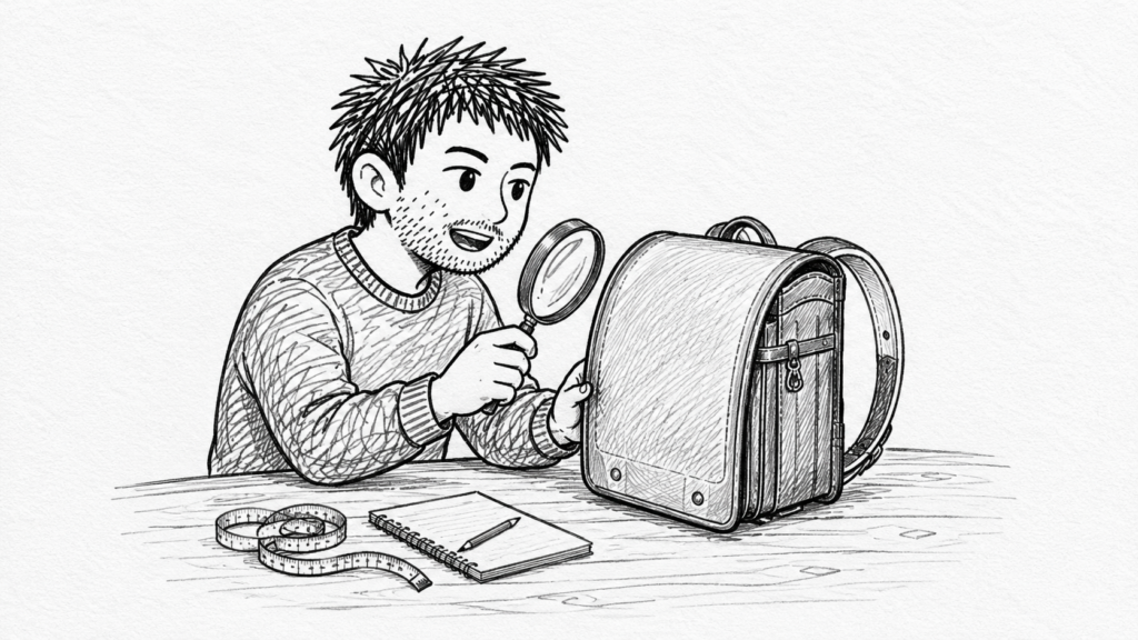ランドセルの傷や金具の状態を虫眼鏡で確かめる様子のイラスト