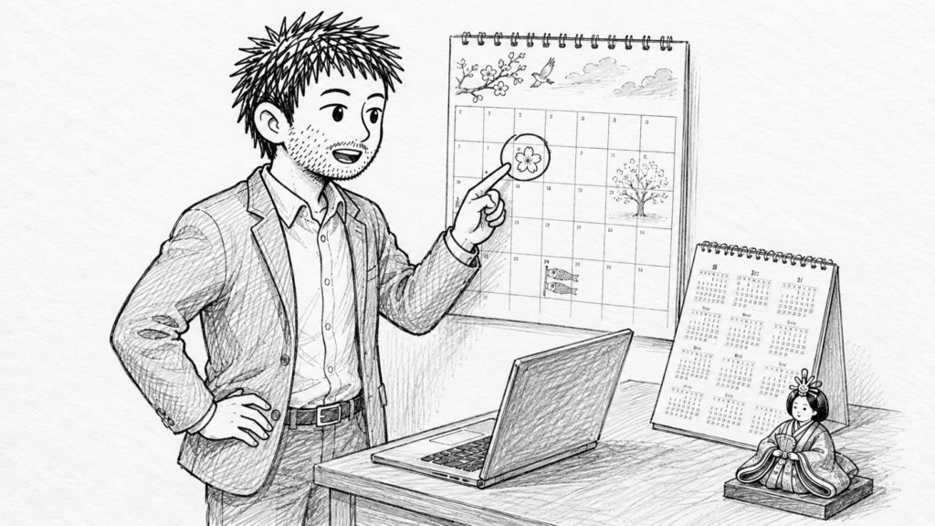 カレンダーとノートパソコンを見ながら、雛人形が売れる時期を確認する男性のイラスト