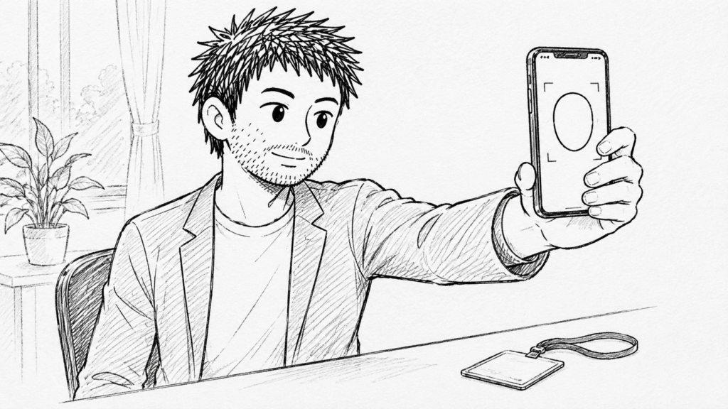 スマートフォンでセルフィーを撮り、顔写真の照合に提出する様子のイラスト