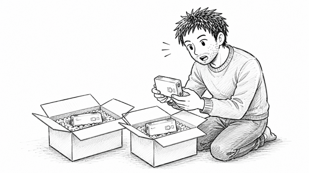 同じ商品が2個届いた二重発送の箱を開けて確認する様子のイラスト