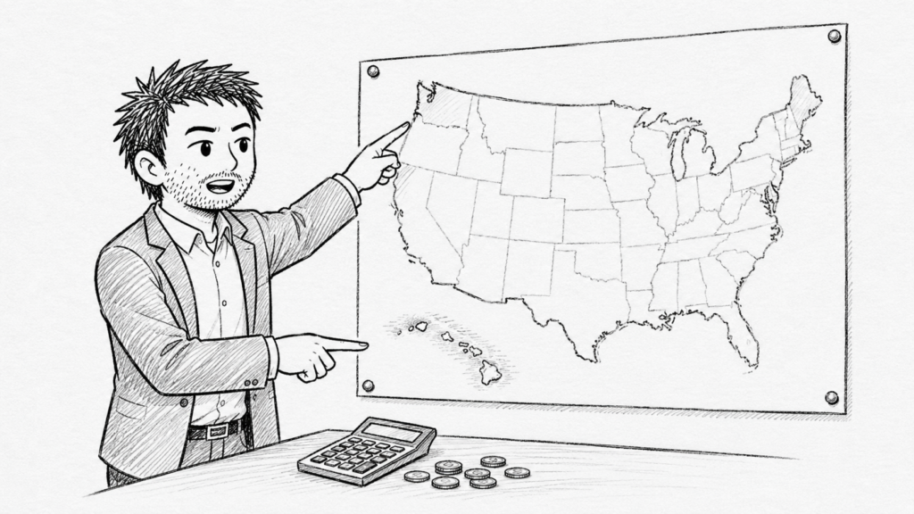 米国の地図を前に、州ごとに送料を変える設定を検討する男性のイラスト