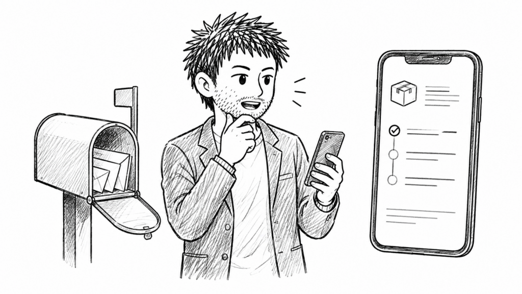 郵便受けを確認し、スマホのチェックリストで到着状況を調べる男性のイラスト