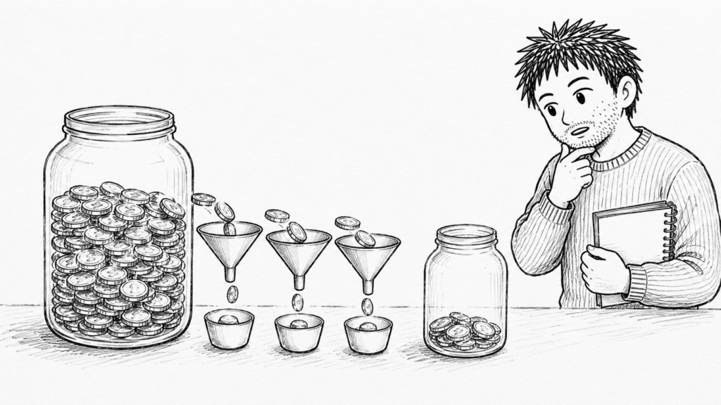 入金された金額と実際の売上が違うことを、大きな瓶と小さな器で表したイラスト