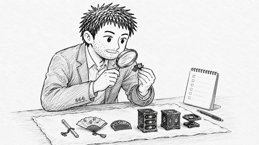雛人形の小道具の素材を虫眼鏡で確認し、規制対象がないか調べるイラスト