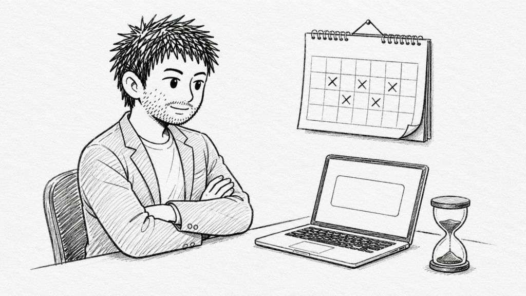 書類を提出してから承認までの日数を、カレンダーと砂時計で待つ様子のイラスト