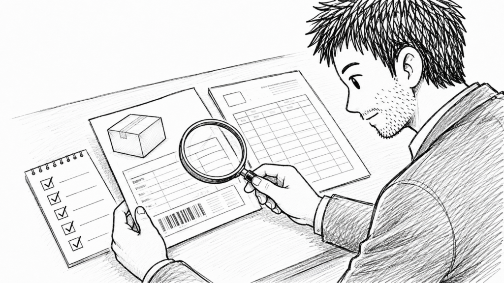 配達証拠として追跡記録とラベルを虫眼鏡で照合する様子のイラスト