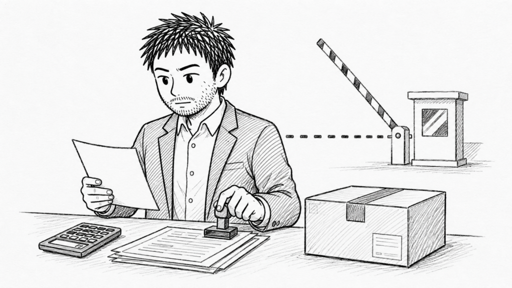 米国内配送でも通関手続きが発生することを、書類と税関ゲートで表したイラスト