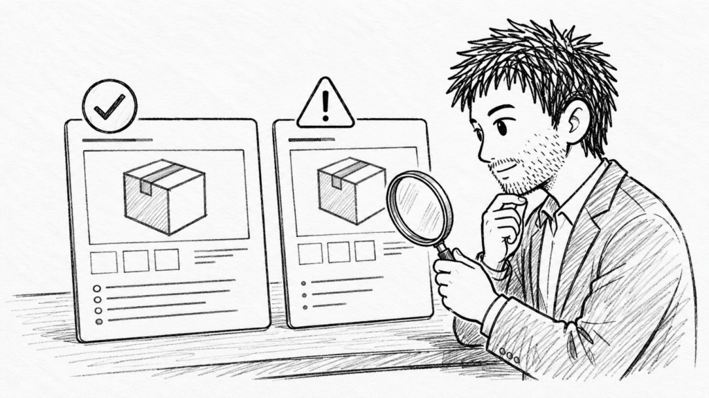 真似してよい出品例と危険な出品例を虫眼鏡で見比べる様子のイラスト