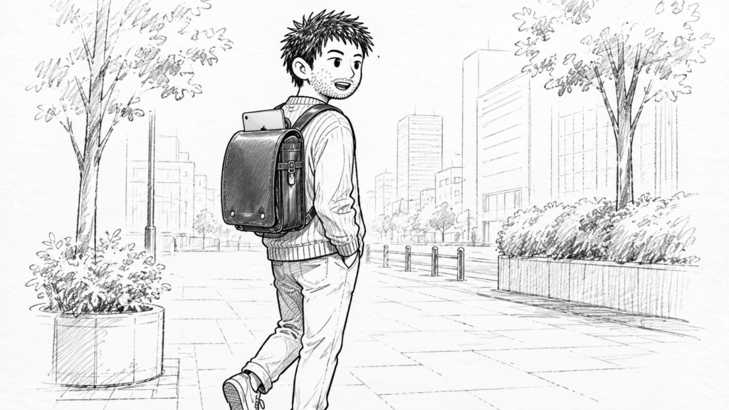 大人がランドセルを背負って街を歩く、別の市場としての使われ方のイラスト