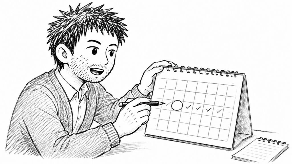 卓上カレンダーで未着報告の期限を数える男性のイラスト