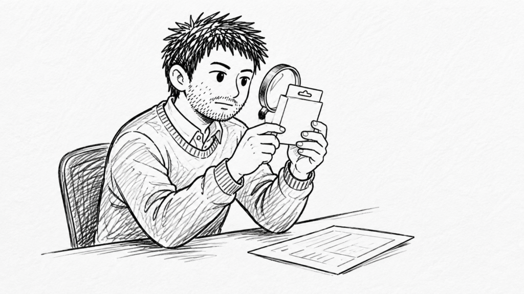 つけ爪のパッケージ表示を虫眼鏡で確認する男性と、書類が置かれた机のイラスト