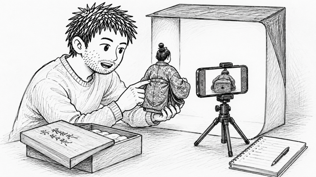 撮影ボックスと三脚を使い、雛人形の状態がわかる写真を撮る様子のイラスト
