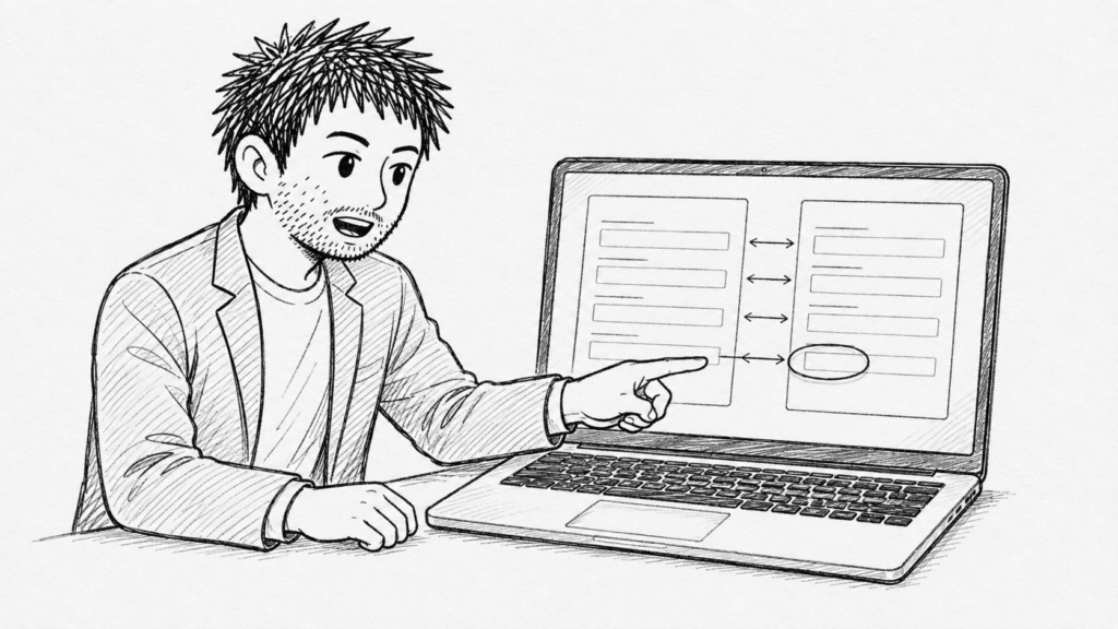 名前と住所の食い違いを、ノートパソコンの登録画面で修正する様子のイラスト