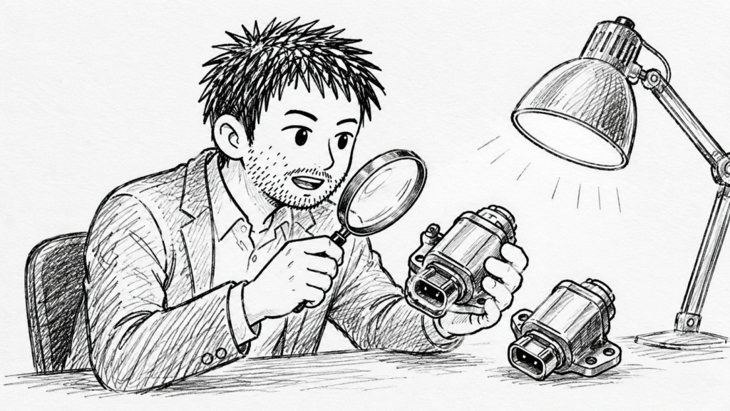デスクライトの下で車パーツを虫眼鏡で照らし、偽物でないか確かめるイラスト
