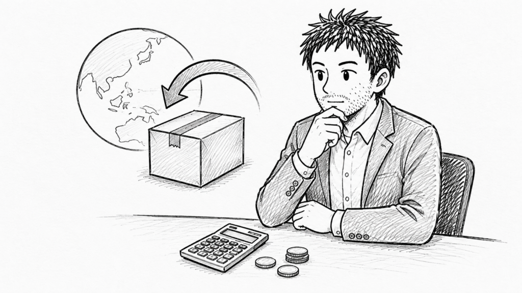 違う商品を送ってしまい、返送の送料と関税の負担を電卓で計算するイラスト