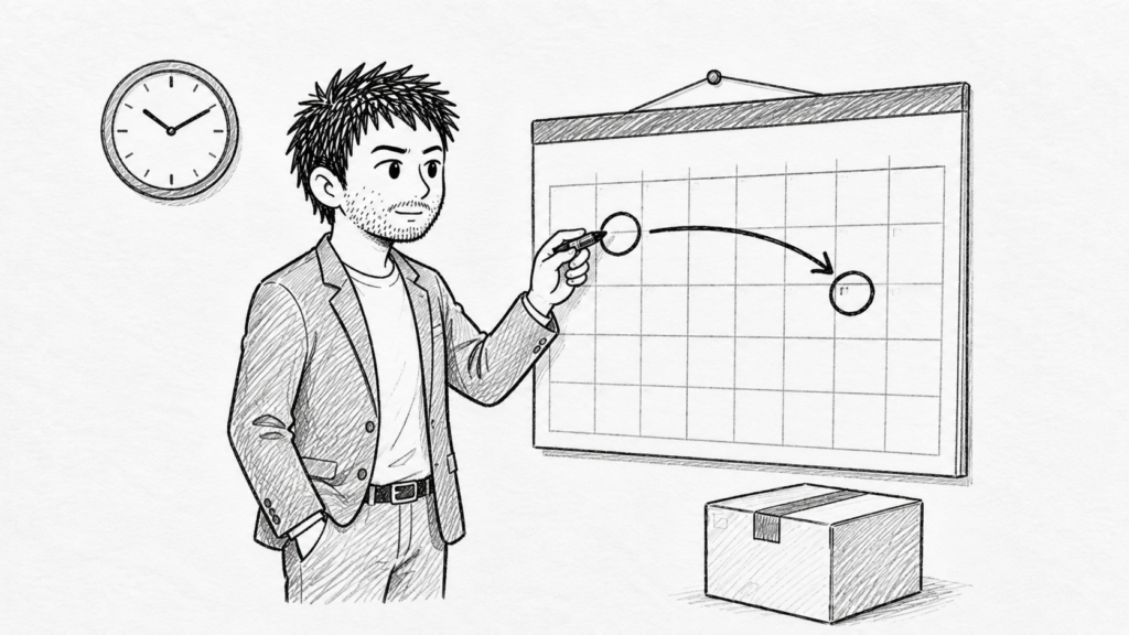 発送までの日数と到着予定日の関係を、時計とグラフで確認する様子のイラスト