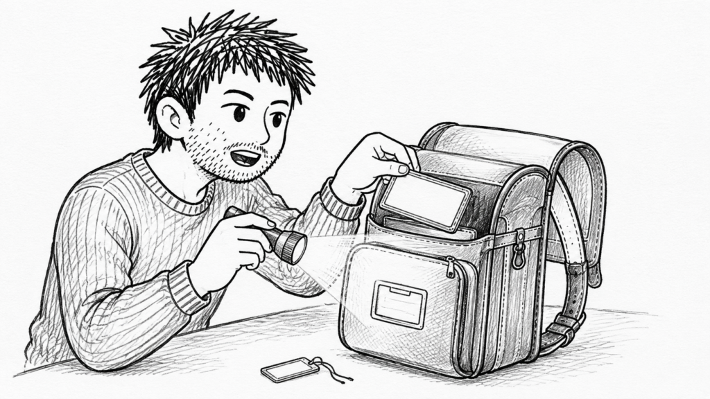ランドセルの名前や学校名の記載を消し、検品する様子のイラスト