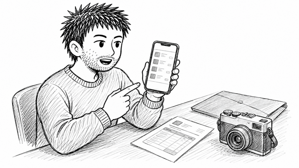 領収書のないメルカリ仕入れを、スマホの画面と写真で記録に残す様子のイラスト
