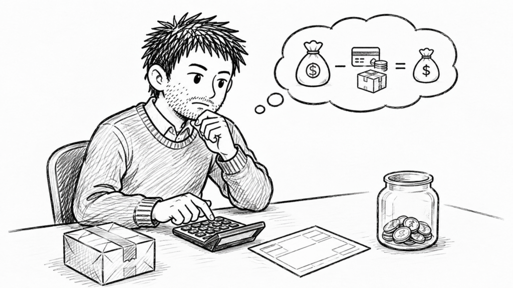 電卓で手数料と送料を差し引いた手取りを計算する出品者のイラスト