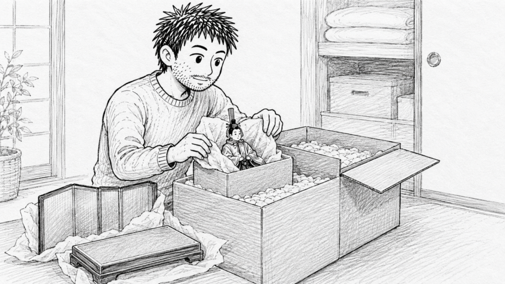 雛人形を緩衝材で包み、箱に詰めて国際発送の準備をする様子のイラスト