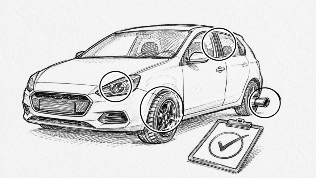 取り付けた車パーツが車検基準に適合するかチェックリストで確認するイラスト