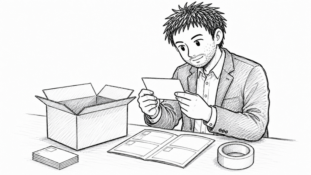 発送前に商品と送り先を30秒で照合するチェックの様子のイラスト