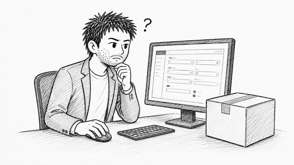 米国内配送の設定をパソコンの画面で見直し、疑問点を確認する様子のイラスト