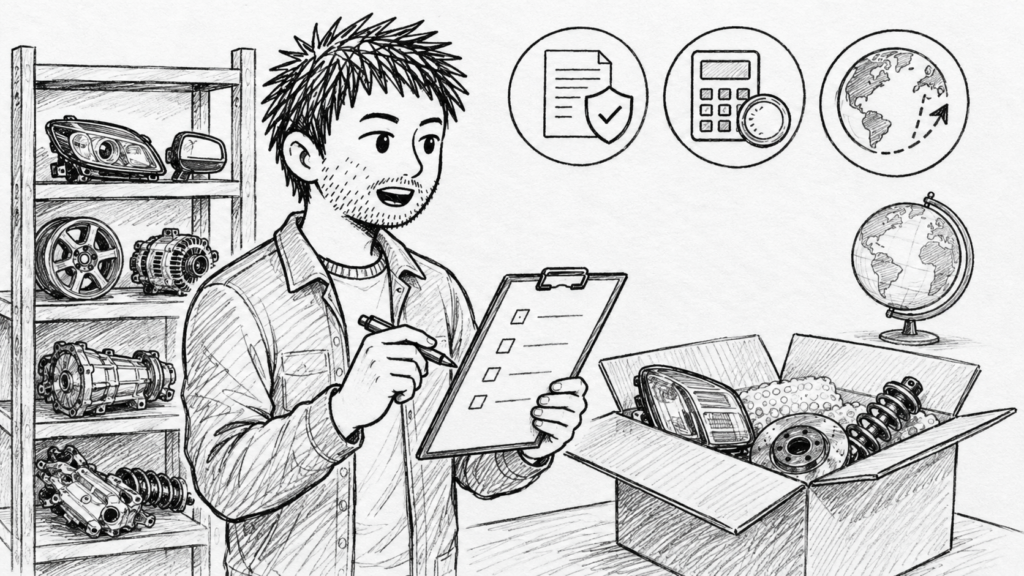 車パーツを輸出する前に、必要な許可と書類をチェックリストで確認するイラスト